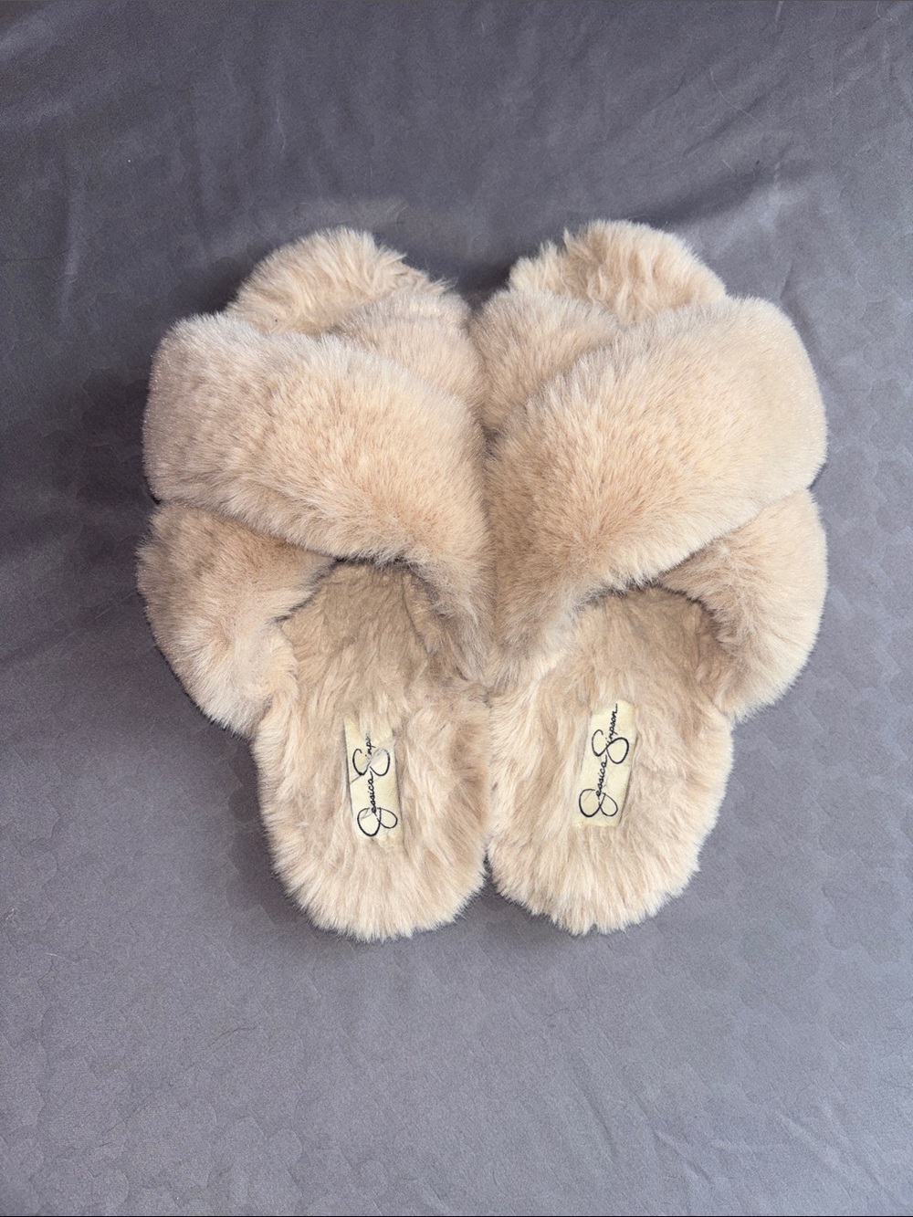 Jessica Simpson Plush Cross-Band Slip-On Slippers - Tan